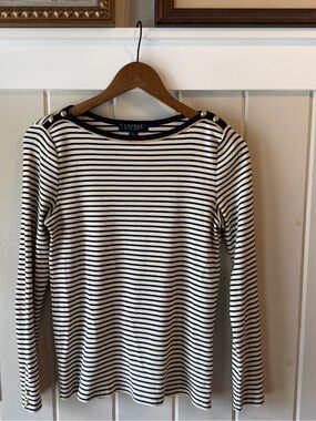 Lauren Ralph Lauren Navy & Cream Striped Boatneck Sweater with Gold Buttons, M-P